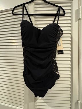 Profile By Gottex Black Ruched One-Piece with Lace Side Insets